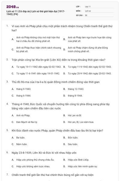 Lịch sử 11 (Có đáp án) Lịch sử thế giới hiện đại (1917-1945) (P4)
