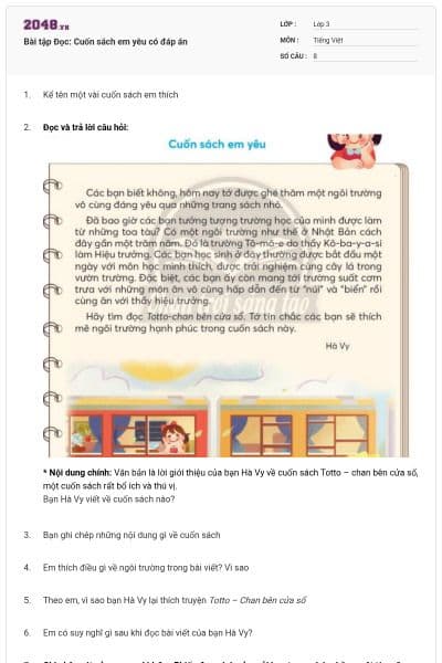 Bài tập Đọc: Cuốn sách em yêu có đáp án