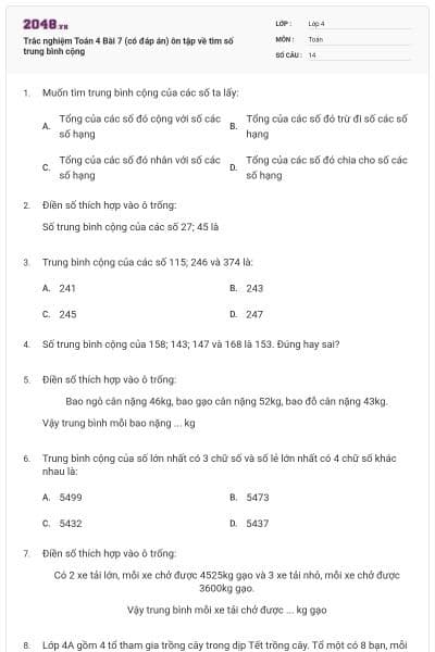 Trắc nghiệm Toán 4 Bài 7 (có đáp án) ôn tập về tìm số trung bình cộng