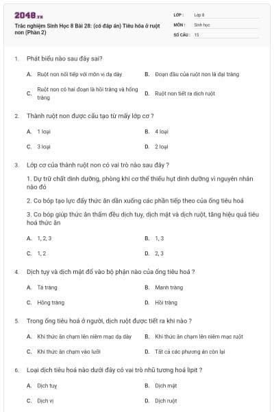 Trắc nghiệm Sinh Học 8 Bài 28: (có đáp án) Tiêu hóa ở ruột non (Phần 2)