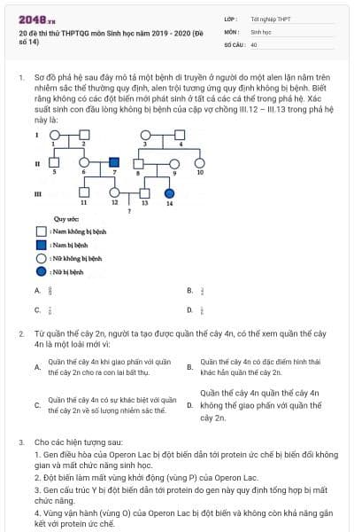 20 đề thi thử THPTQG môn Sinh học năm 2019 - 2020 (Đề số 14)