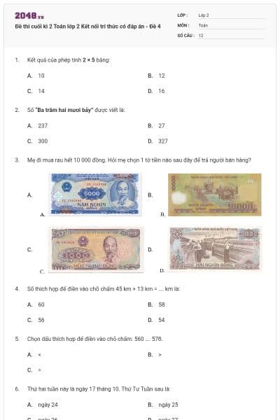 Đề thi cuối kì 2 Toán lớp 2 Kết nối tri thức có đáp án - Đề 4