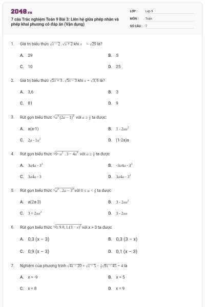 7 câu Trắc nghiệm Toán 9 Bài 3: Liên hệ giữa phép nhân và phép khai phương có đáp án (Vận dụng)