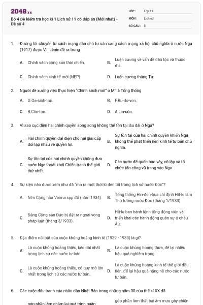 Bộ 4 Đề kiểm tra học kì 1 Lịch sử 11 có đáp án (Mới nhất) - Đề số 4