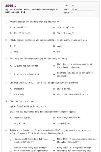 Bộ 3 đề thi cuối kì 1 Hóa 11 Cánh diều cấu trúc mới (có tự luận) có đáp án - Đề 2