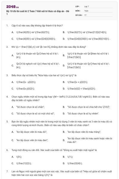 Bộ 10 đề thi cuối kì 2 Toán 7 Kết nối tri thức có đáp án - Đề 1
