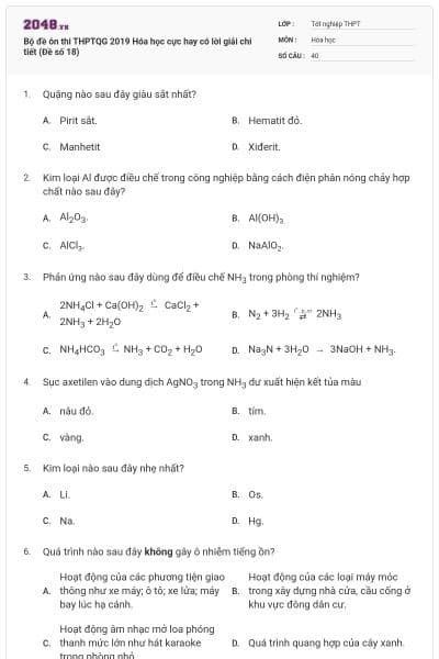 Bộ đề ôn thi THPTQG 2019 Hóa học cực hay có lời giải chi tiết (Đề số 18)