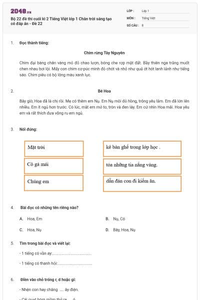 Bộ 22 đề thi cuối kì 2 Tiếng Việt lớp 1 Chân trời sáng tạo có đáp án - Đề 22