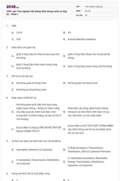 200+ câu Trắc nghiệm Hệ thống điện thông minh có đáp án - Phần 1