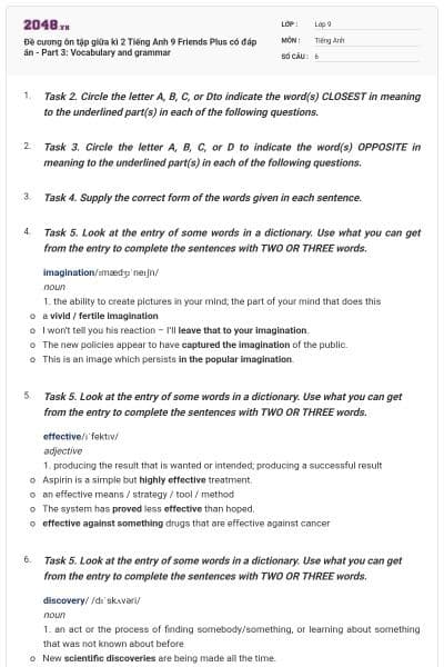 Đề cương ôn tập giữa kì 2 Tiếng Anh 9 Friends Plus có đáp án - Part 3: Vocabulary and grammar