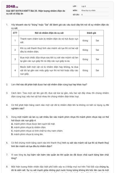 Giải SBT KHTN 8 KNTT Bài 20. Hiện tượng nhiễm điện do cọ xát có đáp án