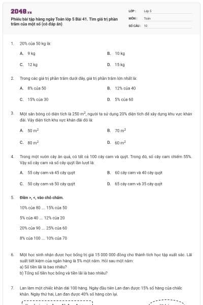 Phiếu bài tập hàng ngày Toán lớp 5 Bài 41. Tìm giá trị phần trăm của một số (có đáp án)