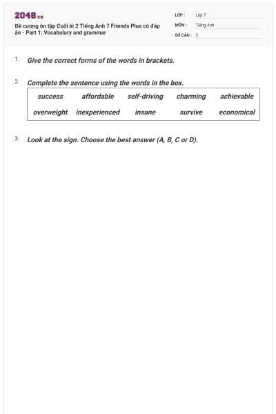 Đề cương ôn tập Cuối kì 2 Tiếng Anh 7 Friends Plus có đáp án - Part 1: Vocabulary and grammar