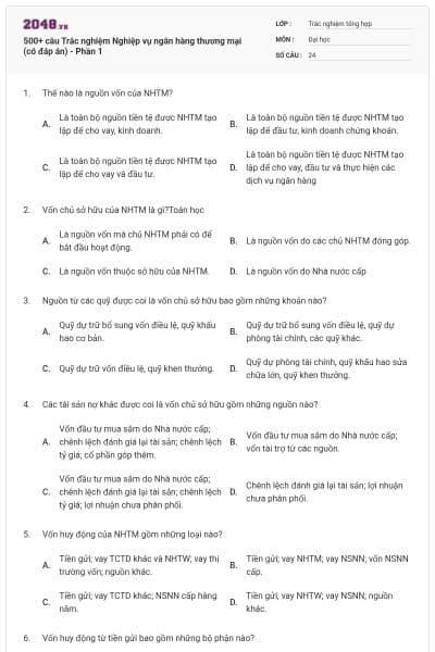 500+ câu Trắc nghiệm Nghiệp vụ ngân hàng thương mại (có đáp án) - Phần 1
