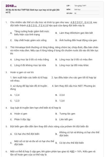 30 Bộ đề thi thử THPTQG Sinh học cực hay có lời giải (Đề số 5)
