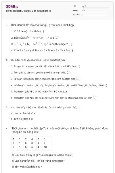 Đề thi Toán lớp 7 Giữa kì 2 có đáp án (Đề 1)