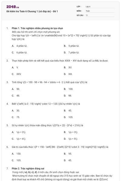 Đề kiểm tra Toán 6 Chương 1 (có đáp án) - Đề 1