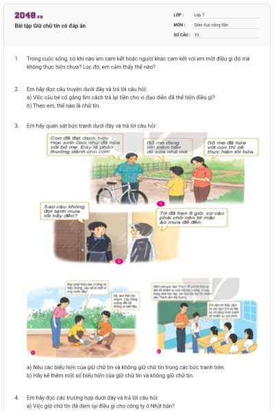 Bài tập Giữ chữ tín có đáp án