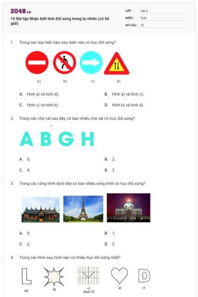10 Bài tập Nhận biết tính đối xứng trong tự nhiên (có lời giải)