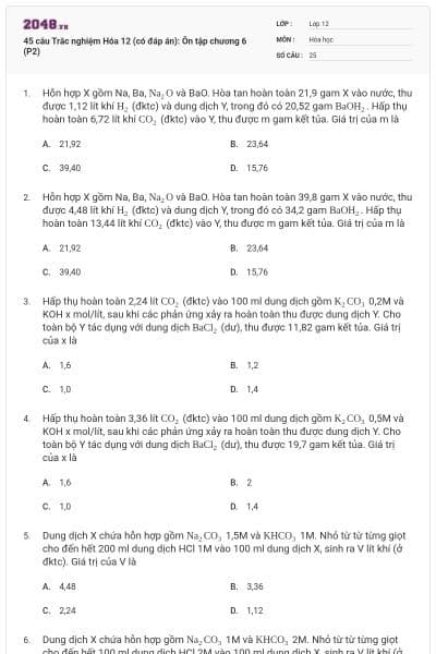 45 câu Trắc nghiệm Hóa 12 (có đáp án): Ôn tập chương 6 (P2)