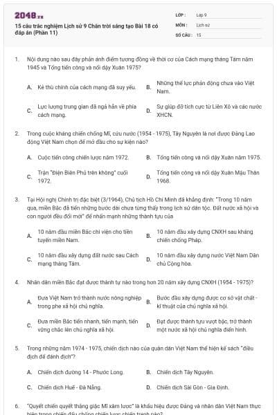15 câu trắc nghiệm Lịch sử 9 Chân trời sáng tạo Bài 18 có đáp án (Phần 11)