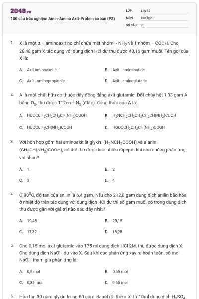 100 câu trắc nghiệm Amin-Amino Axit-Protein cơ bản (P3)