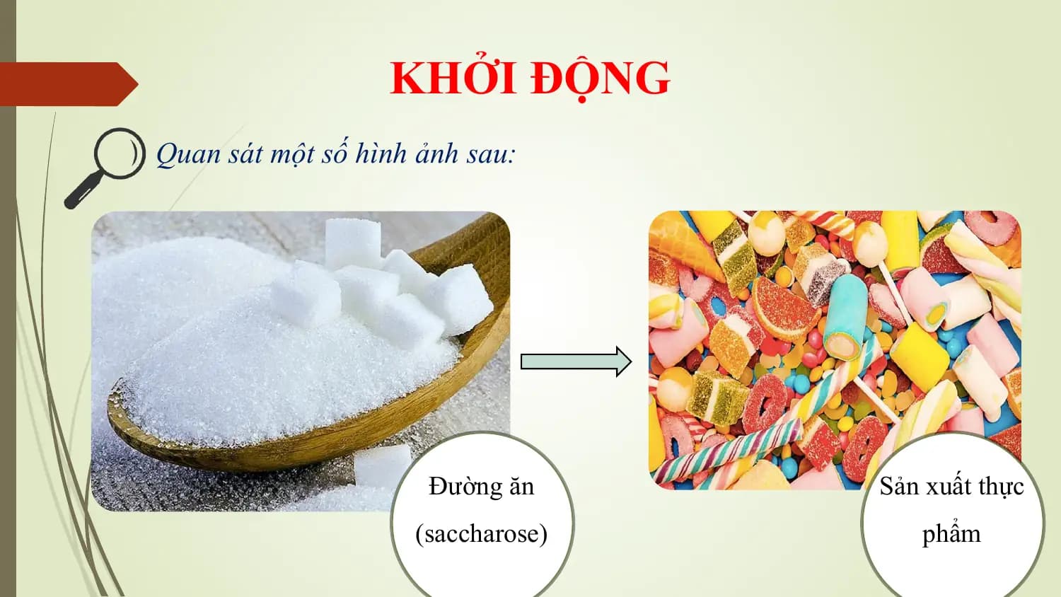 KHỞI ĐỘNG
Quan sát một số hình ảnh sau:

 Đường ăn Sản xuất thực
 (saccharose) phẩm