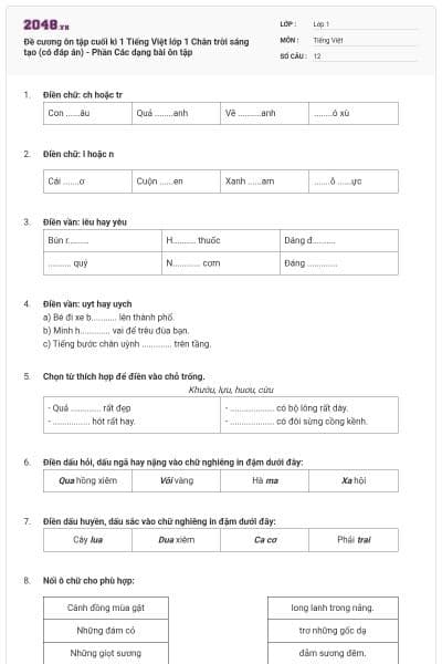 Đề cương ôn tập cuối kì 1 Tiếng Việt lớp 1 Chân trời sáng tạo (có đáp án) - Phần Các dạng bài ôn tập