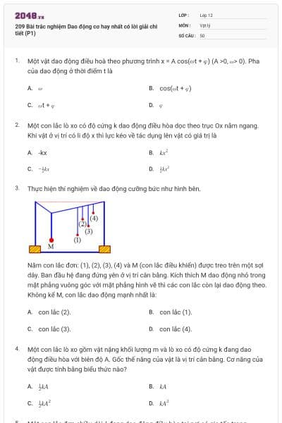 209 Bài trắc nghiệm Dao động cơ hay nhất có lời giải chi tiết (P1)