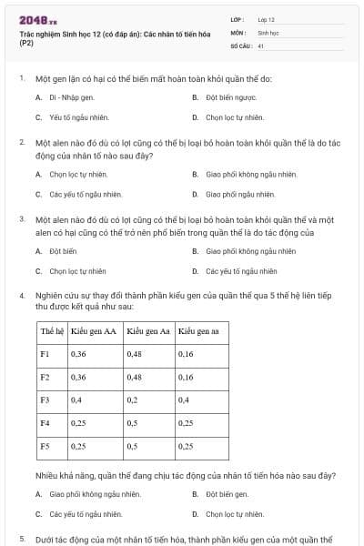 Trắc nghiệm Sinh học 12 (có đáp án): Các nhân tố tiến hóa (P2)