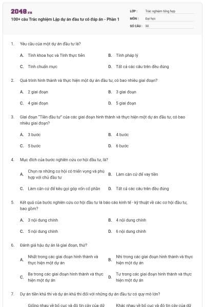 100+ câu Trắc nghiệm Lập dự án đầu tư có đáp án - Phần 1