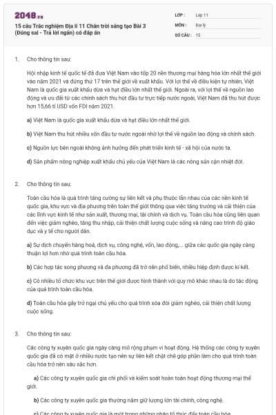 15 câu Trắc nghiệm Địa lí 11 Chân trời sáng tạo Bài 3 (Đúng sai - Trả lời ngắn) có đáp án