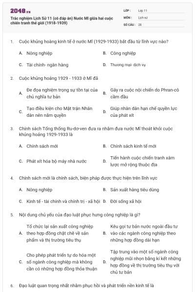 Trắc nghiệm Lịch Sử 11 (có đáp án) Nước Mĩ giữa hai cuộc chiến tranh thế giới (1918-1939)