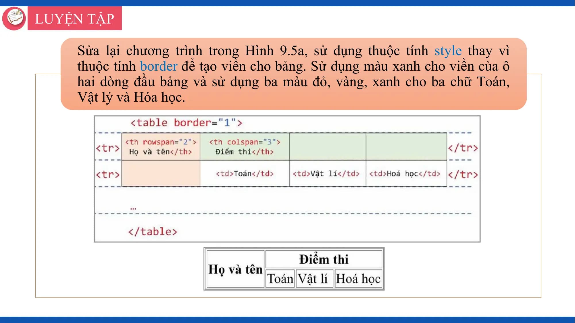 LUYỆN TẬP

 Sửa lại chương trình trong Hình 9.5a, sử dụng thuộc tính style thay vì
 thuộc tính border để tạo viền cho bảng. Sử dụng màu xanh cho viền của ô
 hai dòng đầu bảng và sử dụng ba màu đỏ, vàng, xanh cho ba chữ Toán,
 Vật lý và Hóa học.
