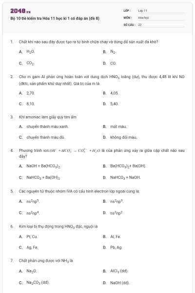 Bộ 10  Đề kiểm tra Hóa 11 học kì 1 có đáp án (đề 8)