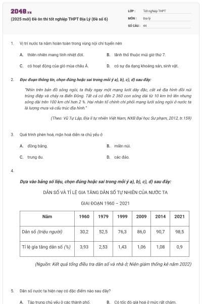 (2025 mới) Đề ôn thi tốt nghiệp THPT Địa Lý (Đề số 6)