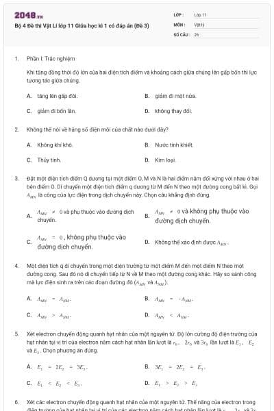 Bộ 4 Đề thi Vật Lí lớp 11 Giữa học kì 1 có đáp án (Đề 3)