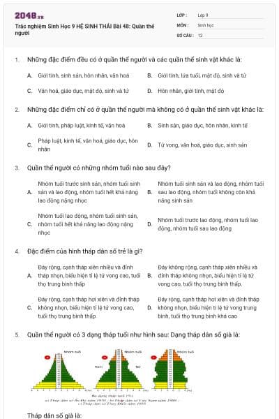Trắc nghiệm Sinh Học 9 HỆ SINH THÁI Bài 48: Quần thể người