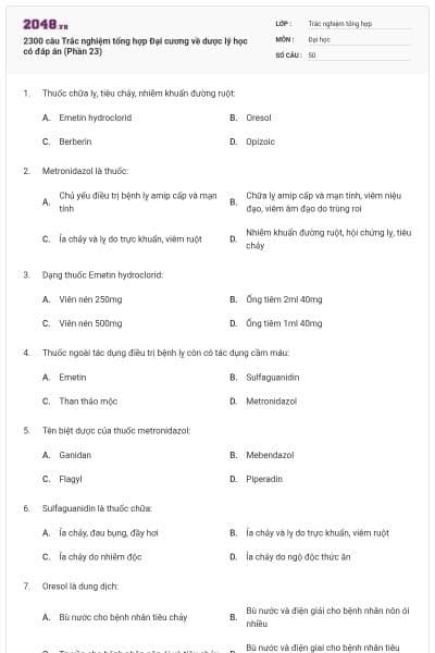 2300 câu Trắc nghiệm tổng hợp Đại cương về dược lý học có đáp án (Phần 23)