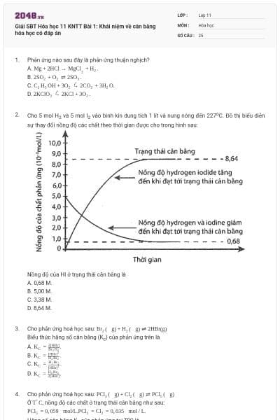 Giải SBT Hóa học 11 KNTT Bài 1: Khái niệm về cân bằng hóa học có đáp án