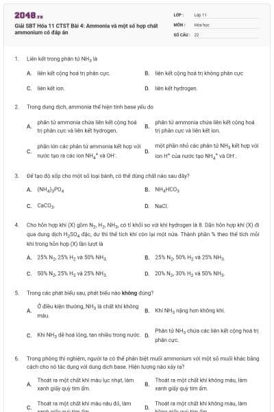 Giải SBT Hóa 11 CTST Bài 4: Ammonia và một số hợp chất ammonium có đáp án