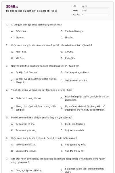 Bộ 4  Đề thi Học kì 2 Lịch Sử 10 (có đáp án - Đề 3)