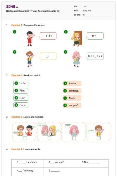 Bài tập cuối tuần Unit 1 Tiếng Anh lớp 3 (có đáp án)