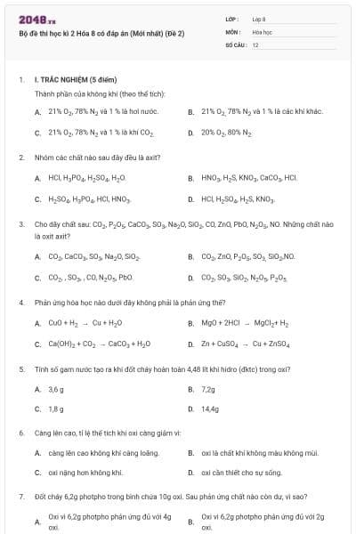 Bộ đề thi học kì 2 Hóa 8 có đáp án (Mới nhất) (Đề 2)