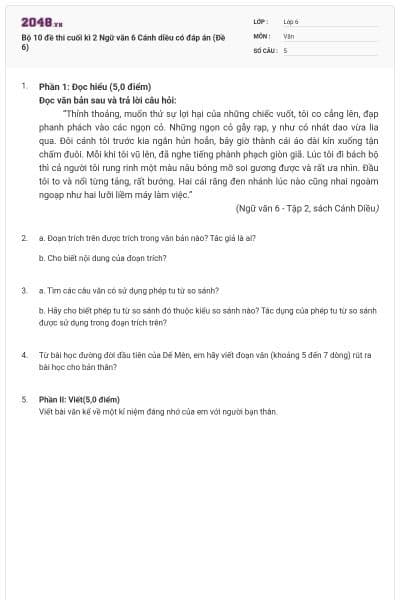 Bộ 10 đề thi cuối kì 2 Ngữ văn 6 Cánh diều có đáp án (Đề 6)