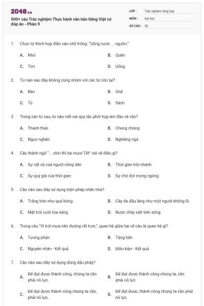 500+ câu Trắc nghiệm Thực hành văn bản tiếng Việt có đáp án - Phần 9