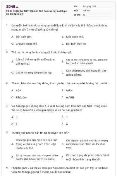 25 Bộ đề thi thử THPTQG môn Sinh hoc cực hay có lời giải chi tiết (Đề số 4)