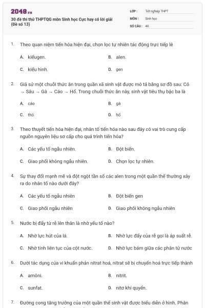 30 đề thi thử THPTQG môn Sinh học Cực hay có lời giải (Đề số 13)
