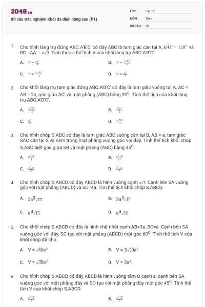 80 câu trắc nghiệm Khối đa diện nâng cao (P1)