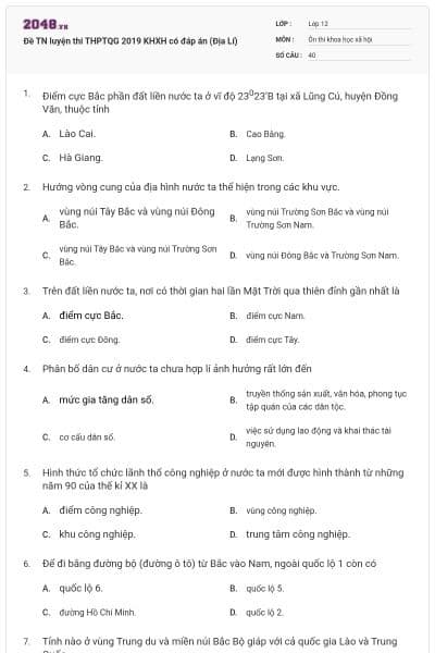 Đề TN luyện thi THPTQG 2019 KHXH có đáp án (Địa Lí)